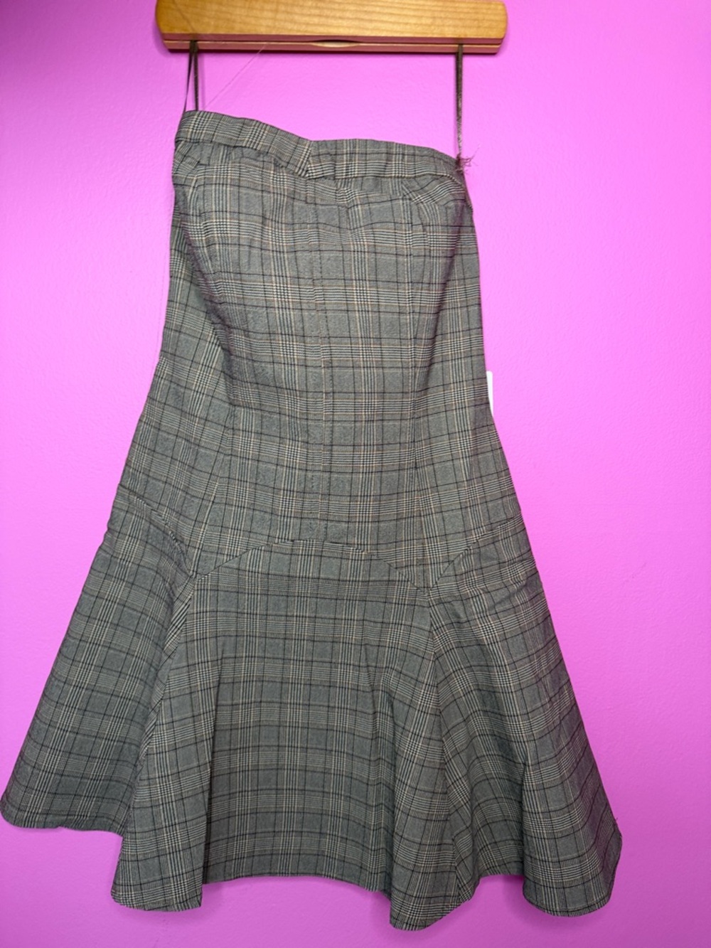 Strapless Plaid Flare Dress in Gray and Brown